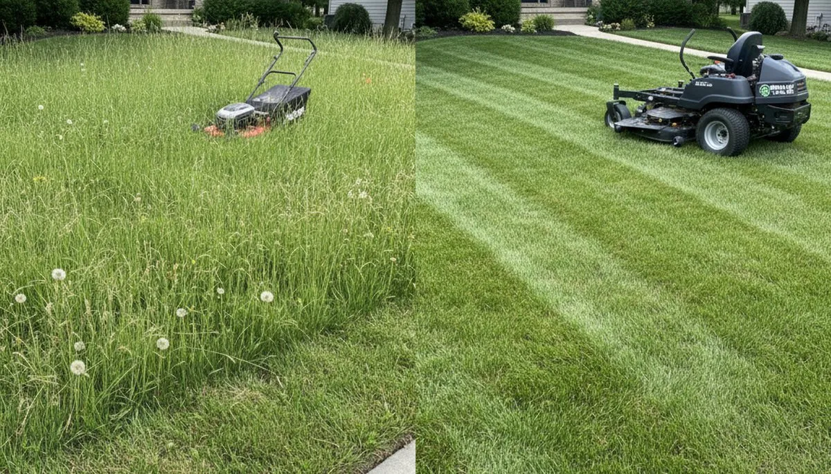 Before and after lawn mowing showing dramatic yard transformation in Overland Park, KS