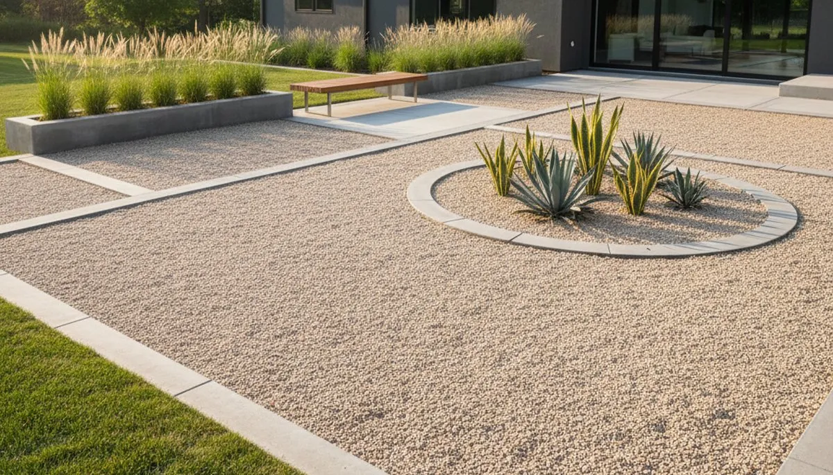 Modern pea gravel landscape with clean lines and geometric plants in Overland Park, KS yard design