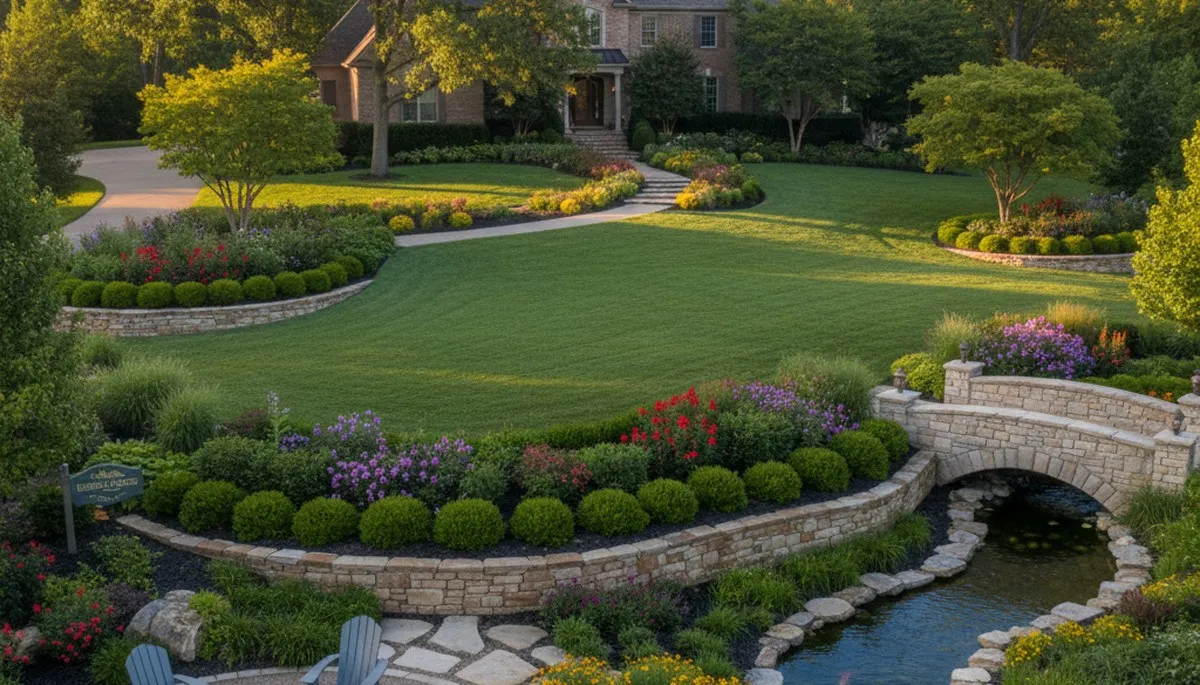 Full property landscape design with lawn, flowers, and hardscape in Overland Park, KS
