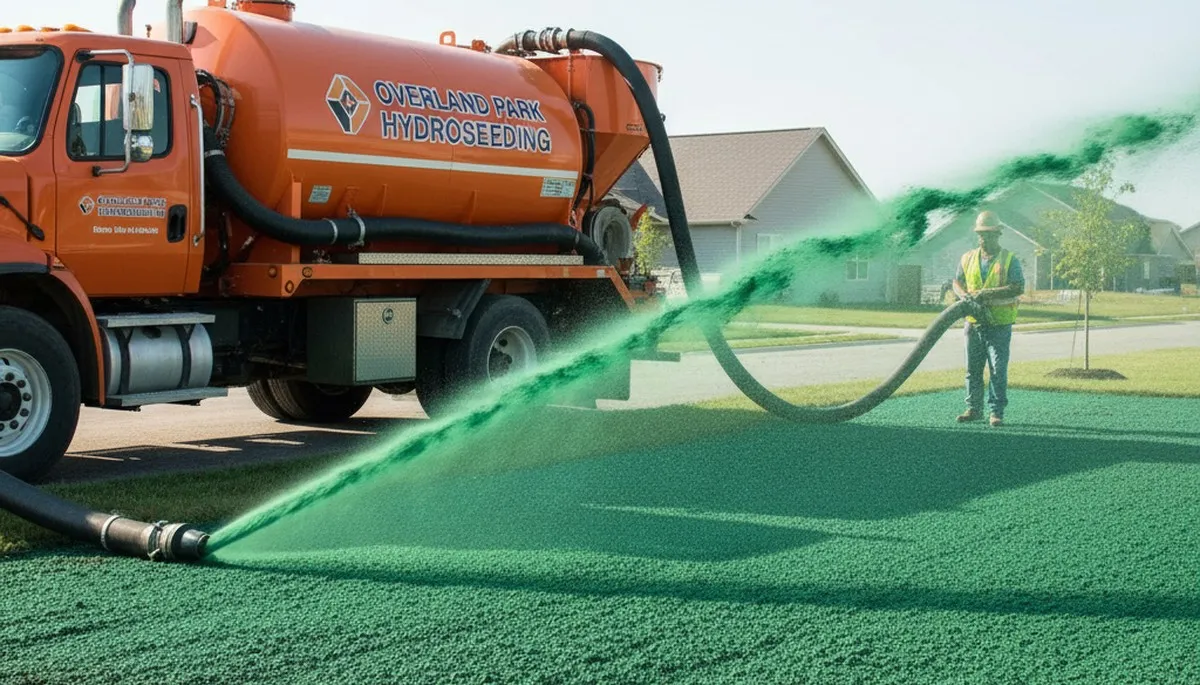 Hydroseeder truck spraying green slurry for lawn hydroseeding in Overland Park, KS landscaping service