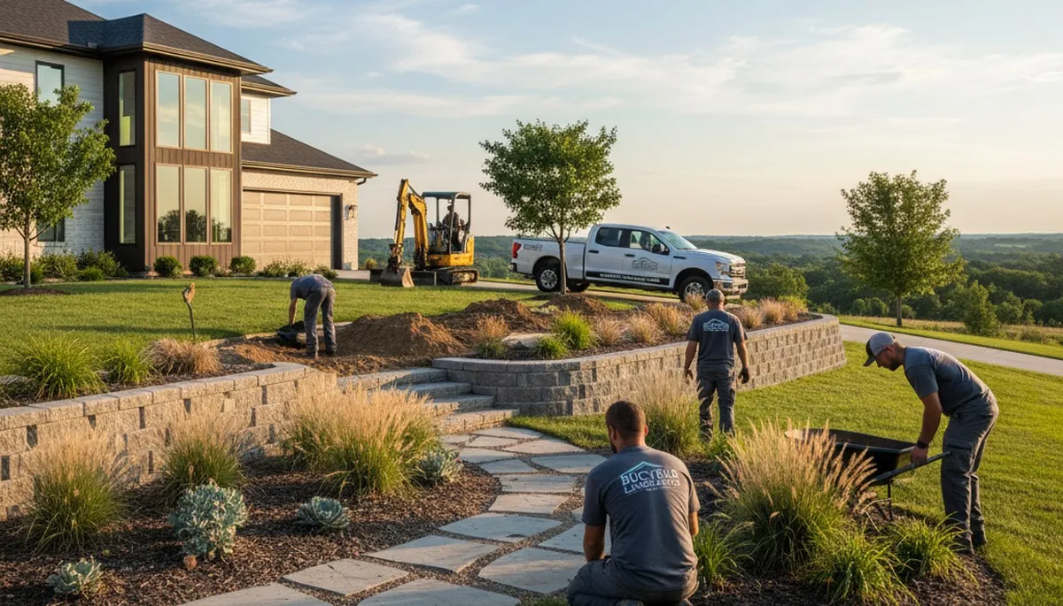 Landscaping crew providing lawn care and outdoor maintenance in Overland Park, KS