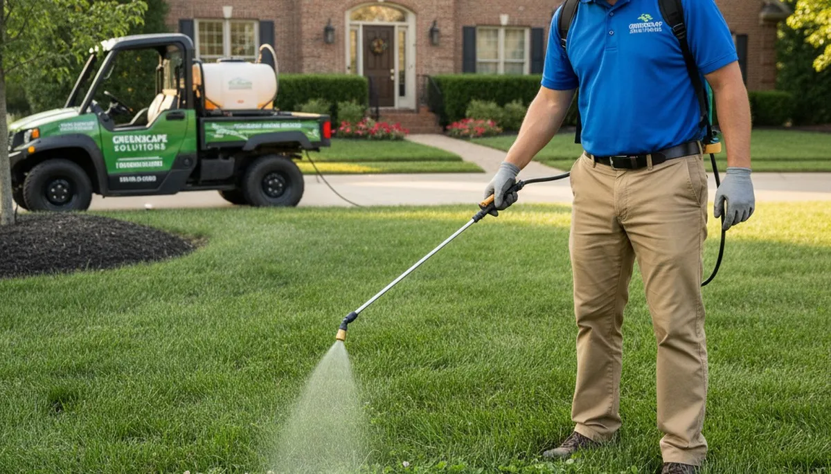 Technician applying targeted weed control on residential lawn in Overland Park, KS