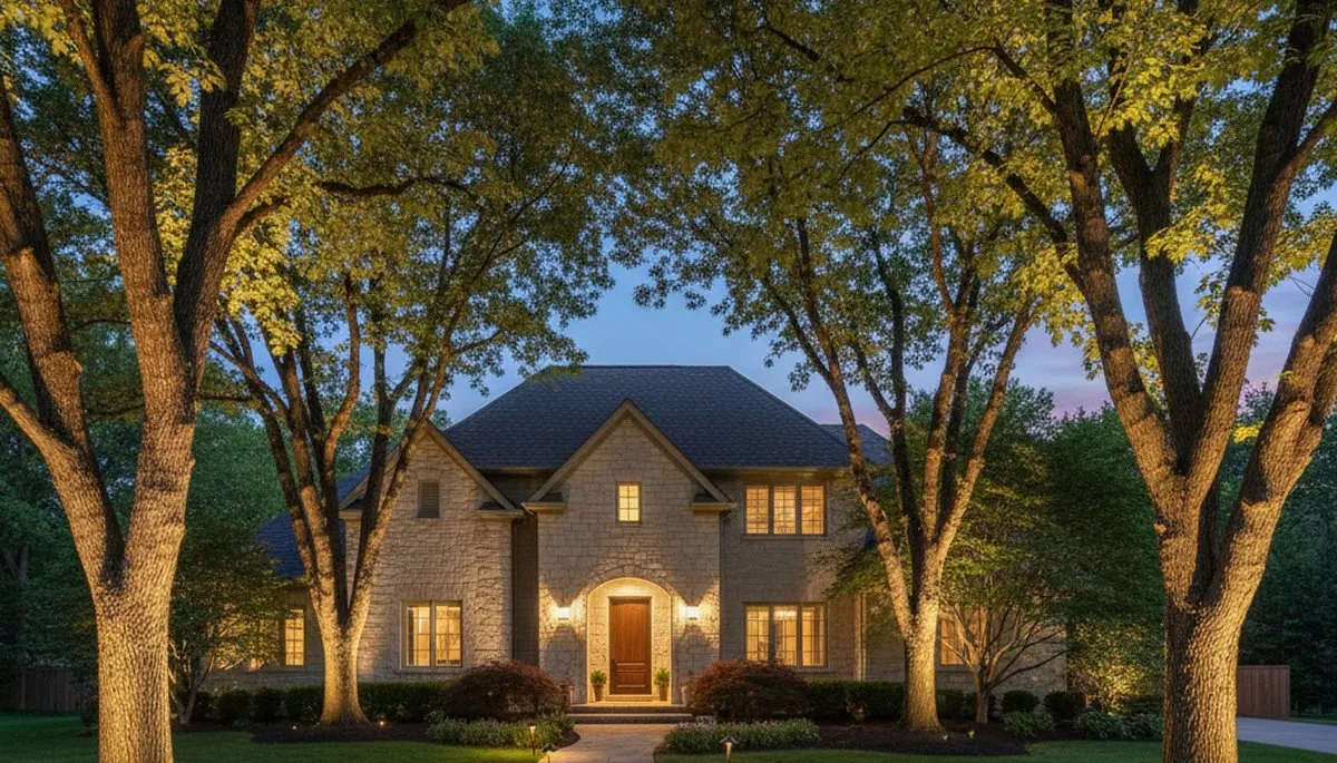Professional tree uplighting at night by Chop Chop Landscaping in Overland Park, KS